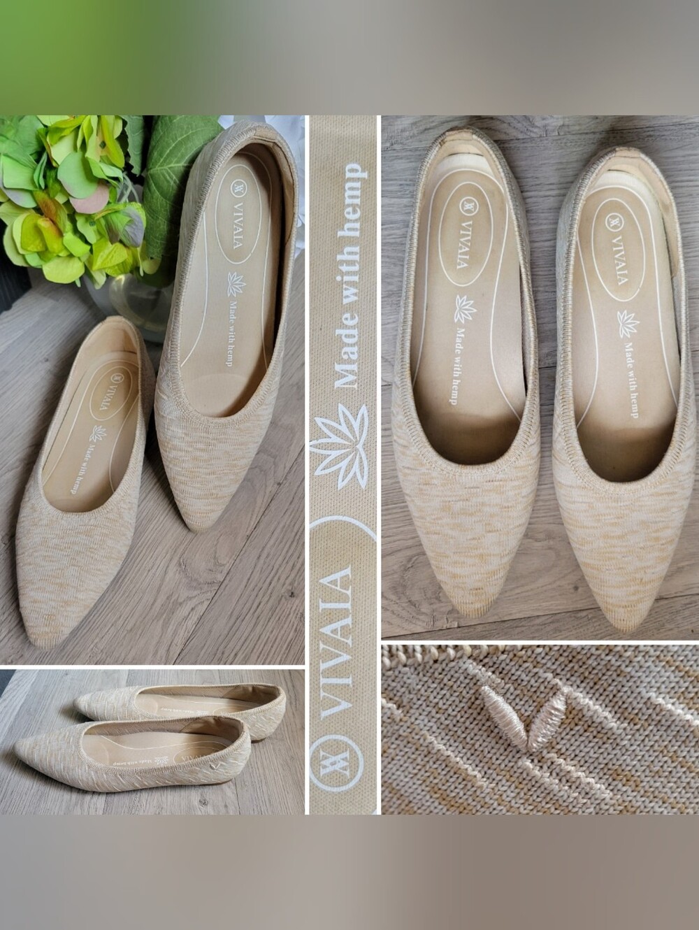 Vivaia Aria 5° Hemp Pointed Toe Dapple Cream Ballet Flats, Women US 8.5, EU 39.5